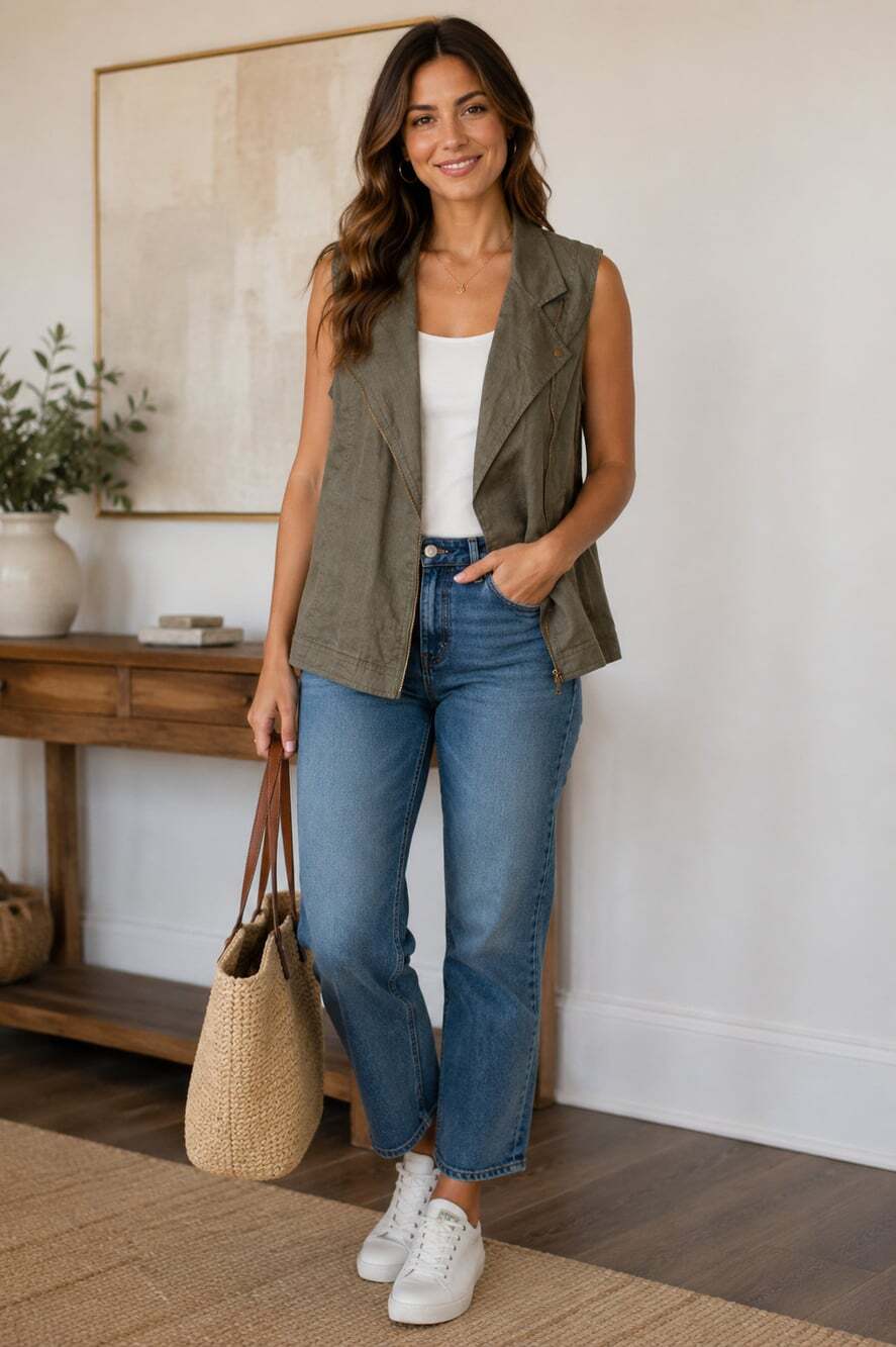 Cynthia Rowley Olive Green Linen Vest Women's Large Zip Moto Utility Lagenlook